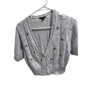 Light Blue L Pointelle Knit Cropped Cardigan Floral Embroidered Cottage Core